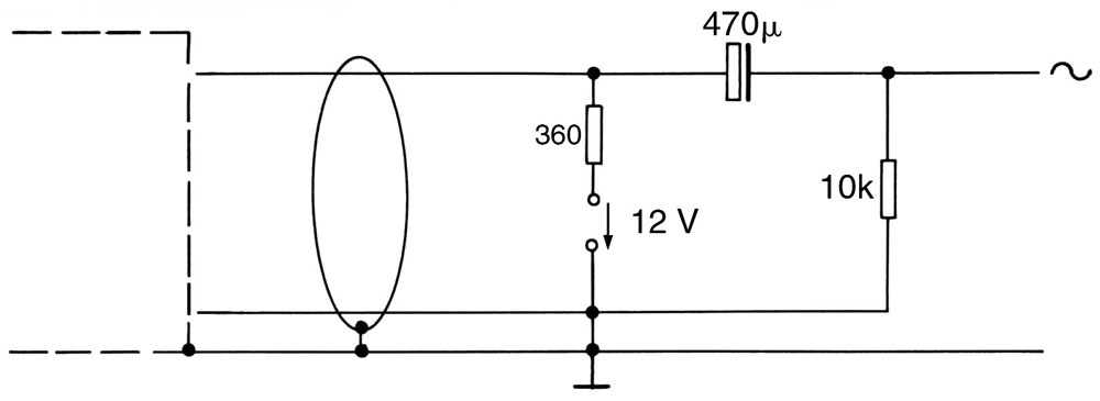 Abb. 9: Tonaderspeisung für unsymmetrischen betrieb; es genügt auch ein einadriges abgeschirmtes Kabel