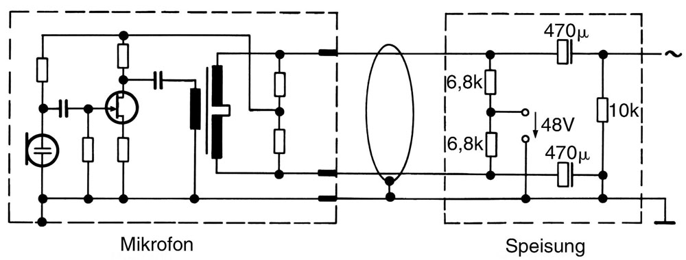 Abb. 11: Mikrofon mit Übertrager (CMT 50 - Prinzipschaltbild), für unsymmetrischen Betrieb beschaltet